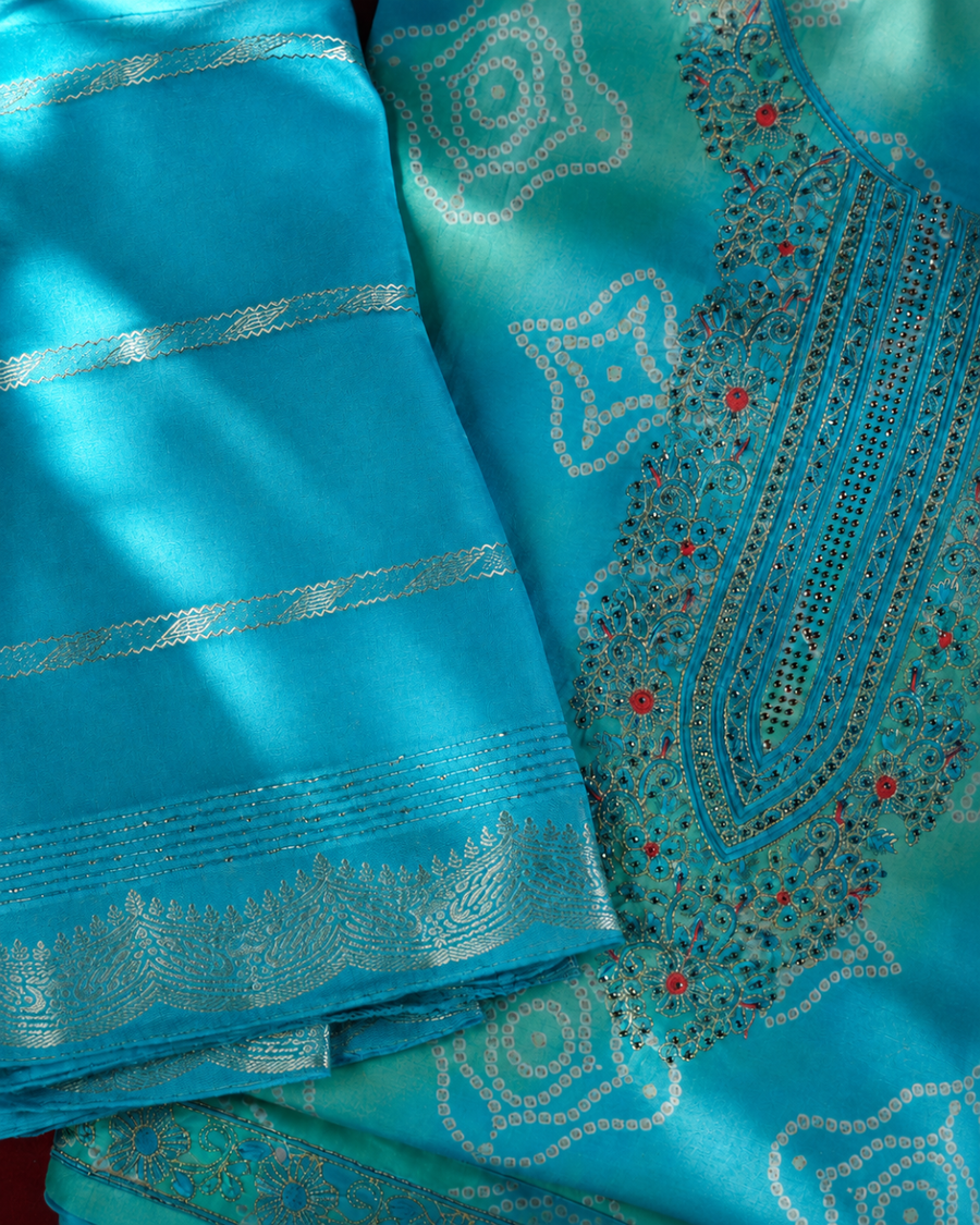 Turquoise Embroidered Suit - Unstitched