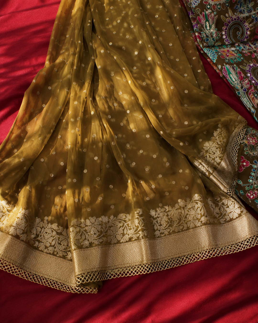 Olive Multicolour Gujarati Embroidered Suit - Unstitched