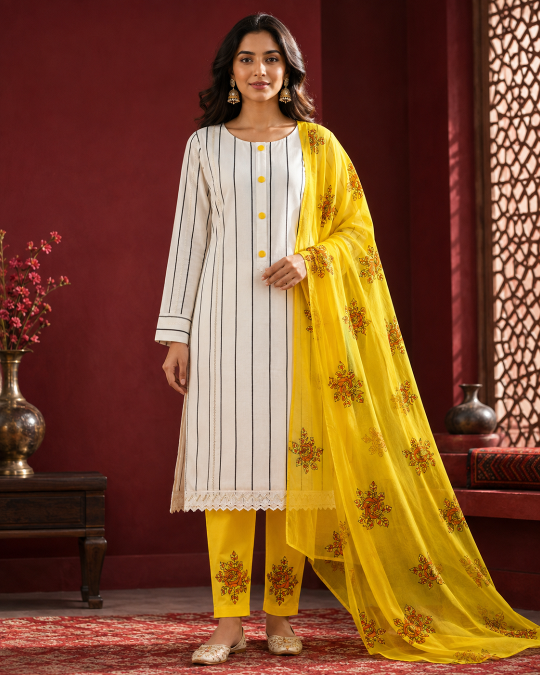 Yellow Floral Printed Suit - Unstitched