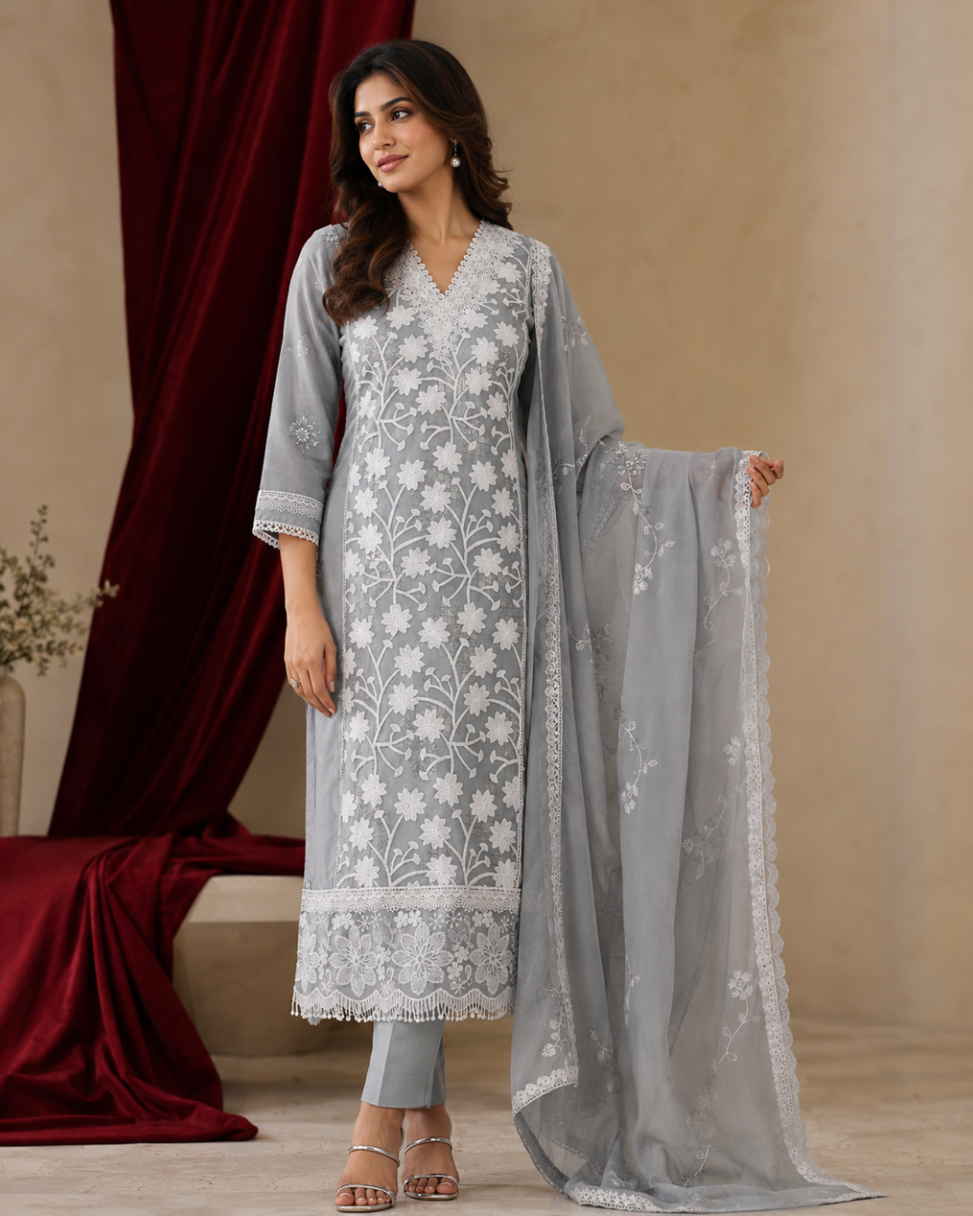 Floral Lace Embroidered Suit - Unstitched