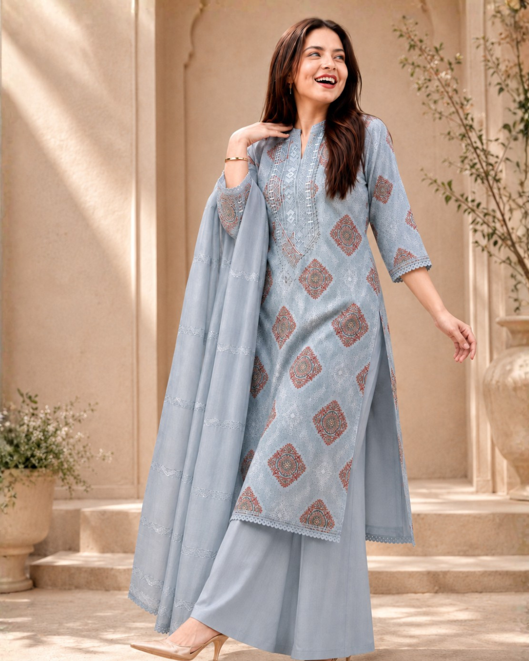 Floral Lace Embroidered Suit - Unstitched