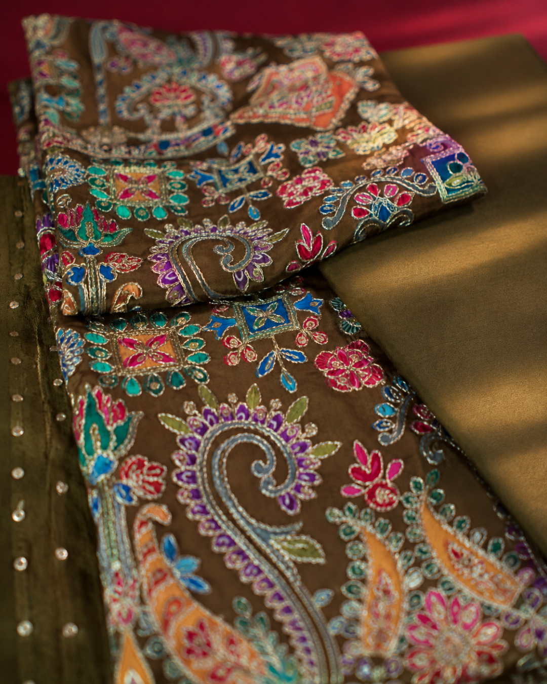 Olive Multicolour Gujarati Embroidered Suit - Unstitched