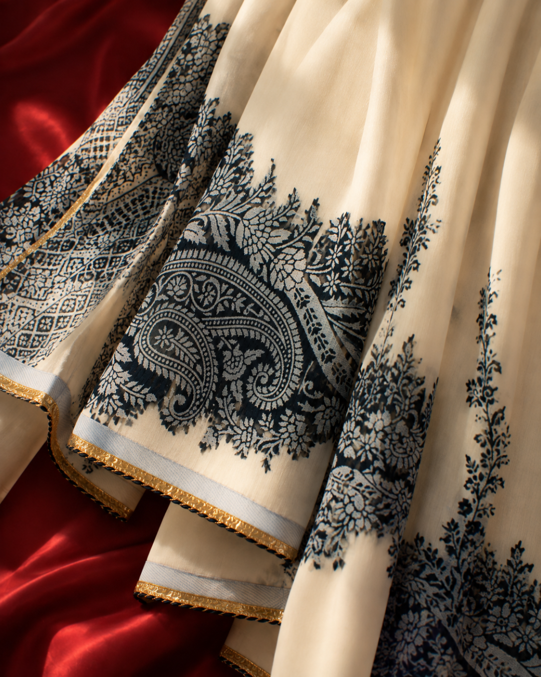 Ivory Black Paisley Printed Suit - Unstitched