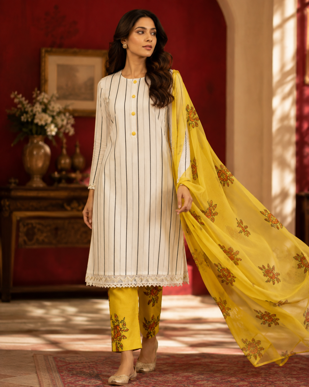 Yellow Floral Printed Suit - Unstitched