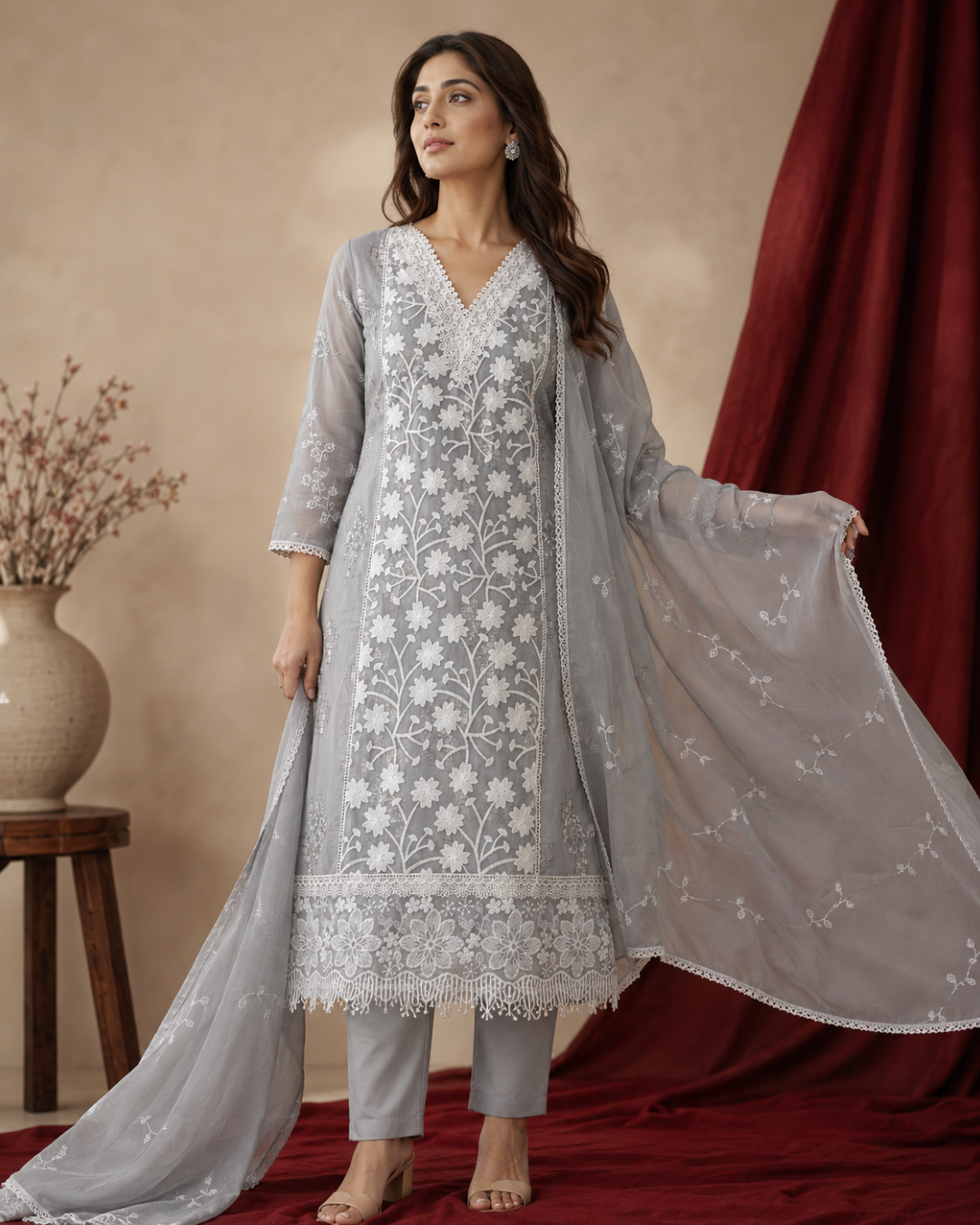 Floral Lace Embroidered Suit - Unstitched