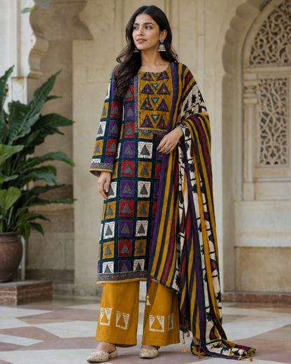 Mustard Multicolour Printed Suit - Unstitched