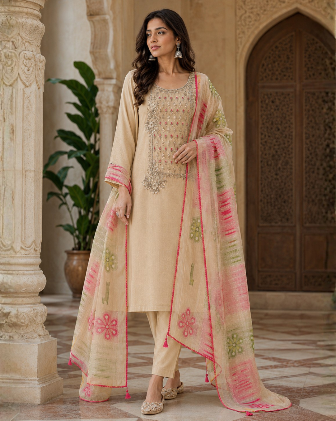 Beige Floral Embroidered Suit - Unstitched