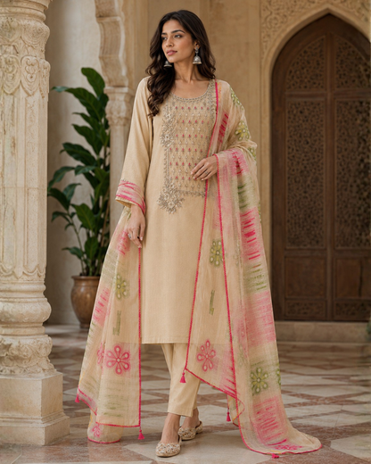 Beige Floral Embroidered Suit - Unstitched