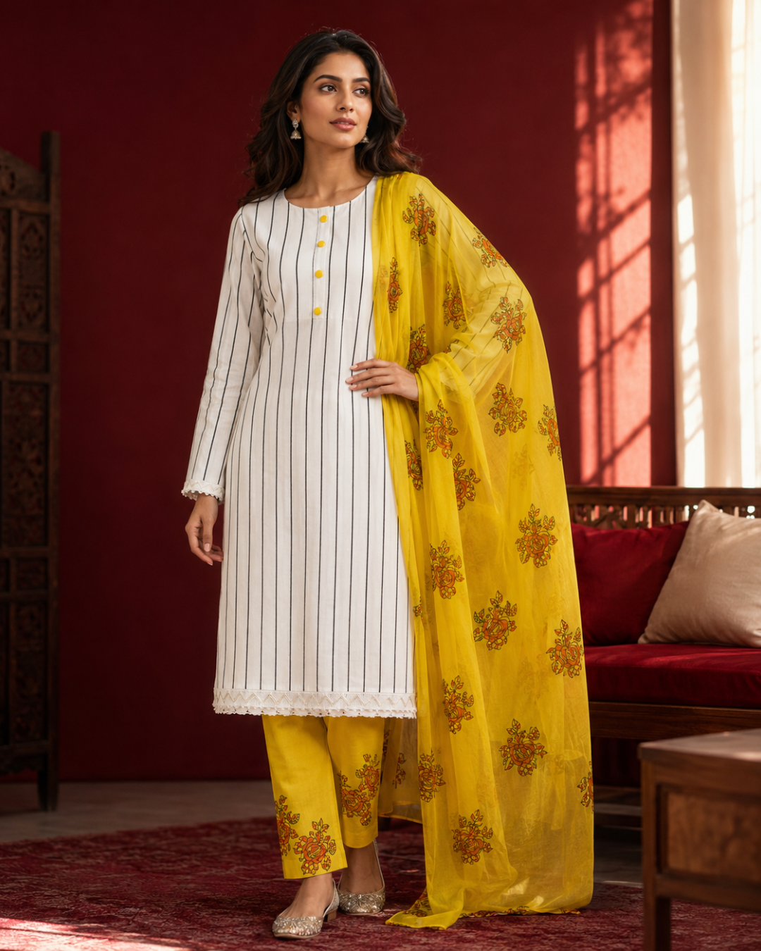 Yellow Floral Printed Suit - Unstitched