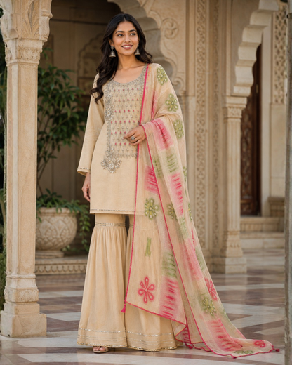 Beige Floral Embroidered Suit - Unstitched