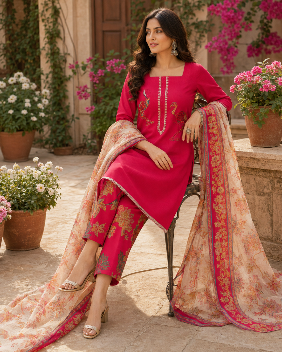 Peacock Floral Printed Suit - Unstitched