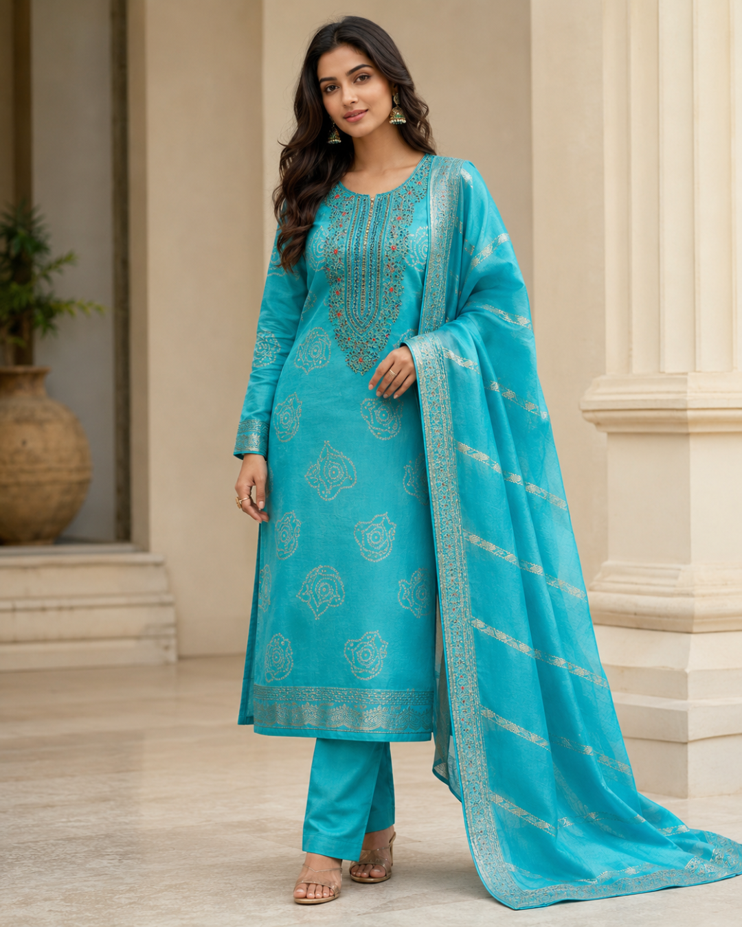 Turquoise Embroidered Suit - Unstitched