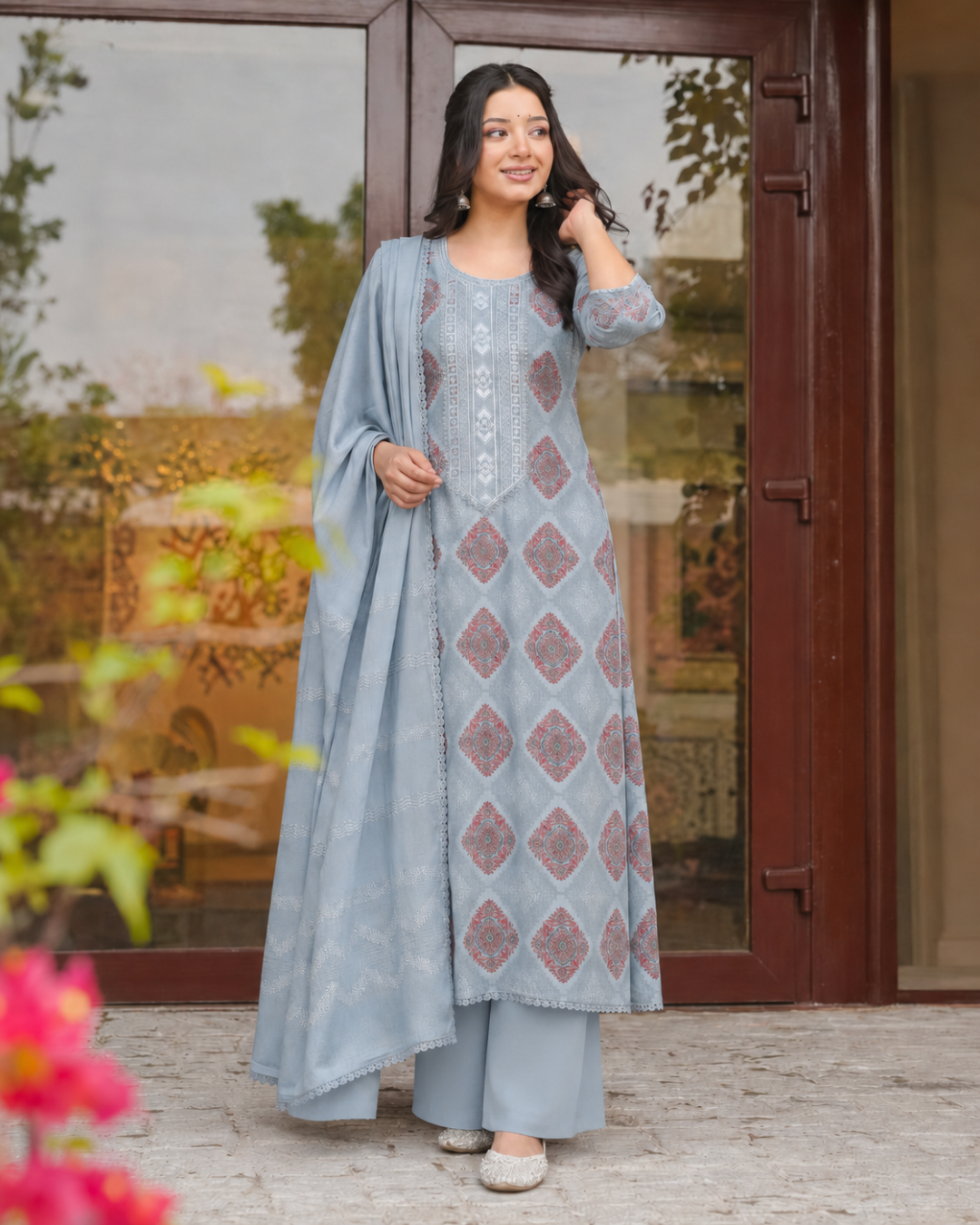Floral Lace Embroidered Suit - Unstitched