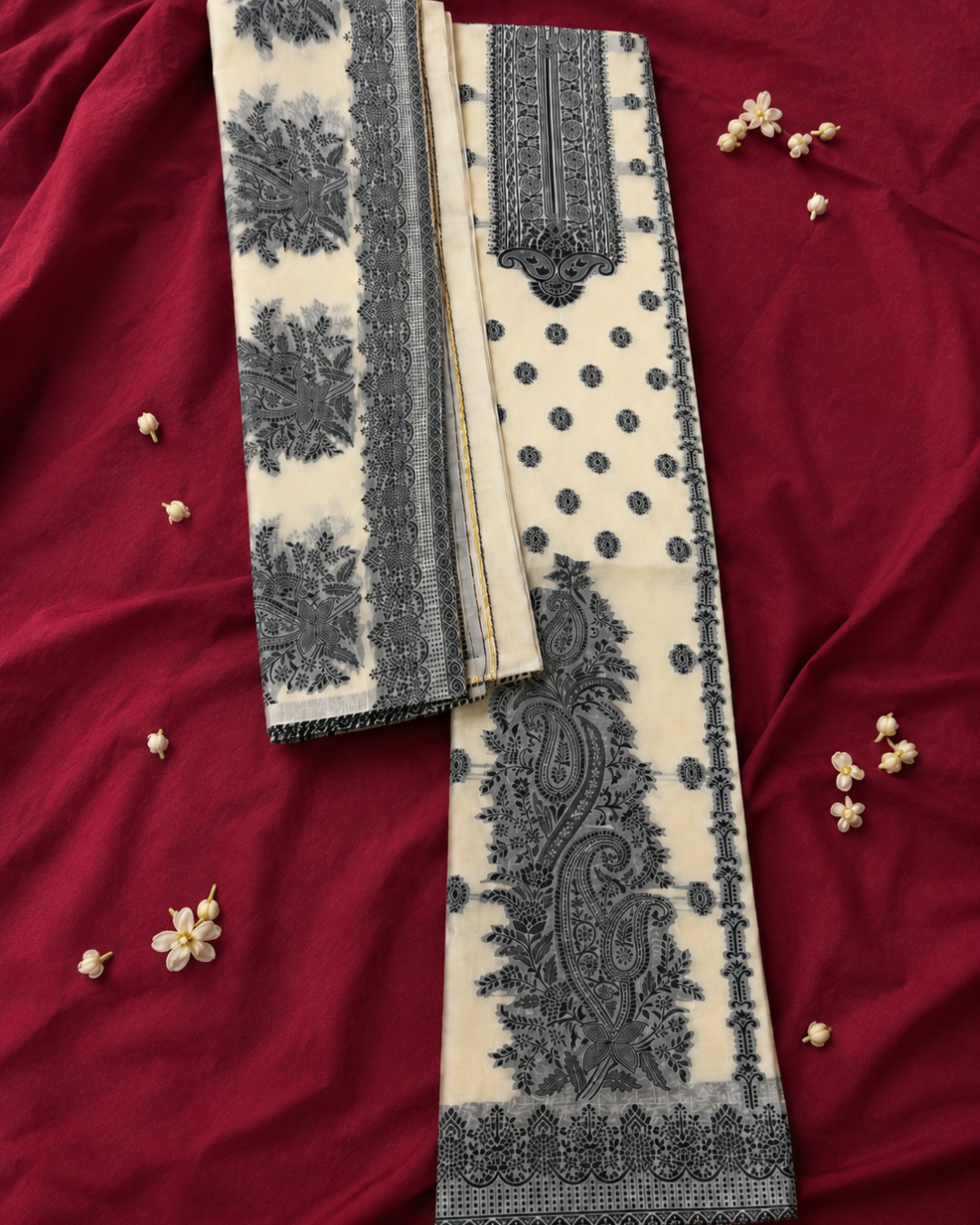 Ivory Black Paisley Printed Suit - Unstitched
