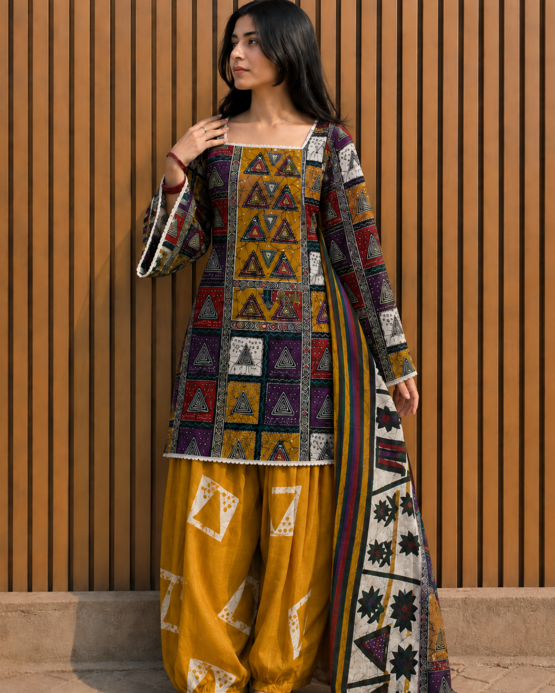 Mustard Multicolour Printed Suit - Unstitched