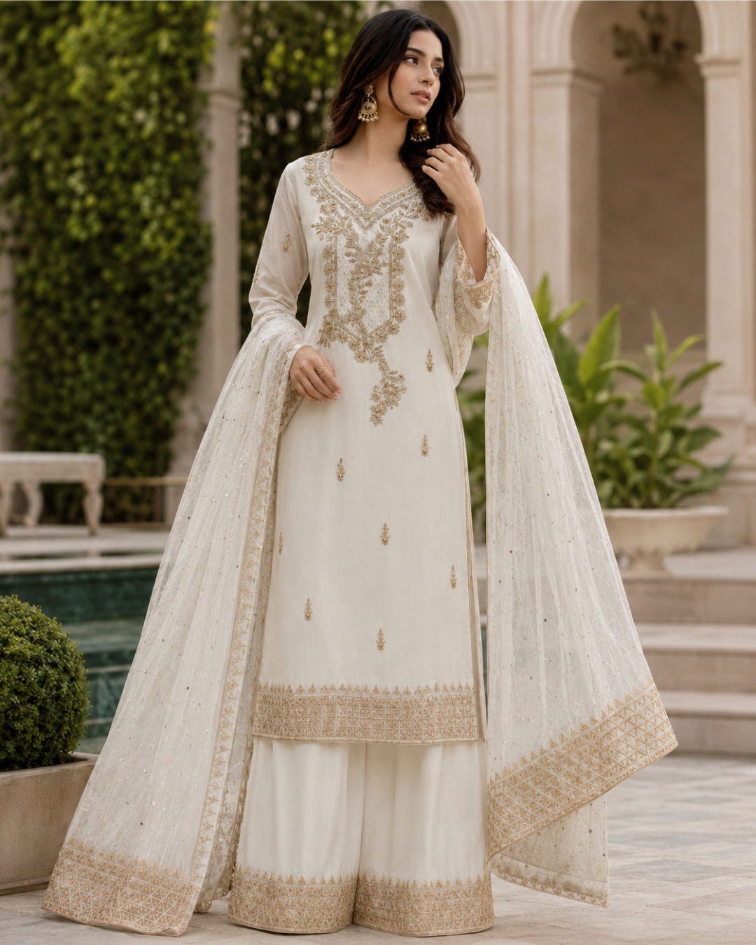 Gold Zari Embroidered Suit - Unstitched