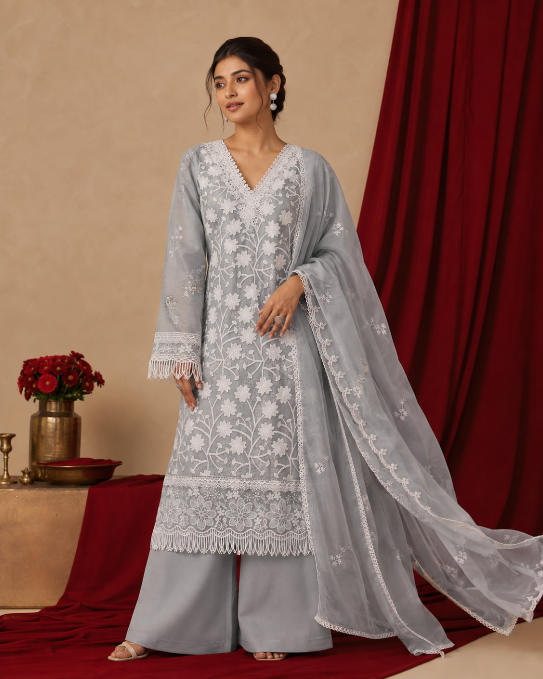 Floral Lace Embroidered Suit - Unstitched