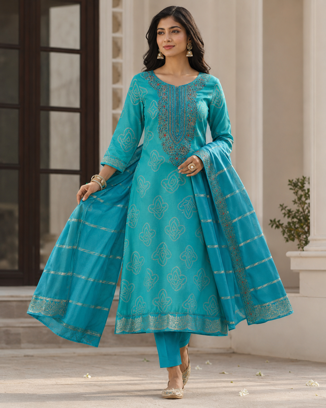 Turquoise Embroidered Suit - Unstitched