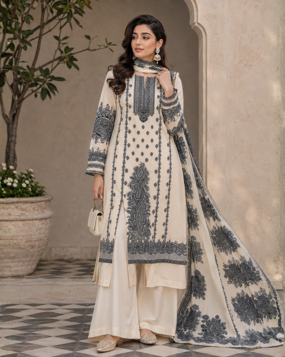 Ivory Black Paisley Printed Suit - Unstitched