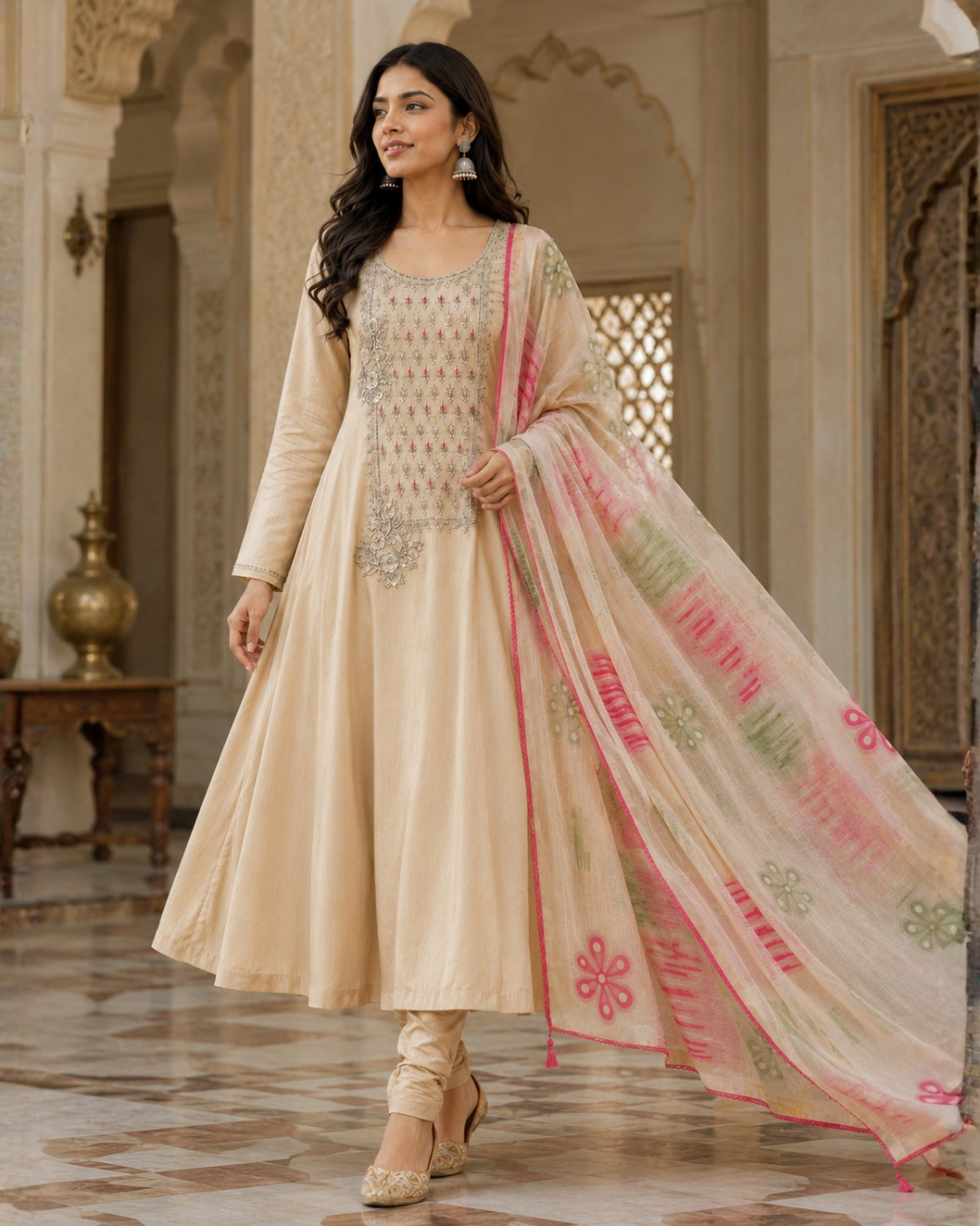 Beige Floral Embroidered Suit - Unstitched