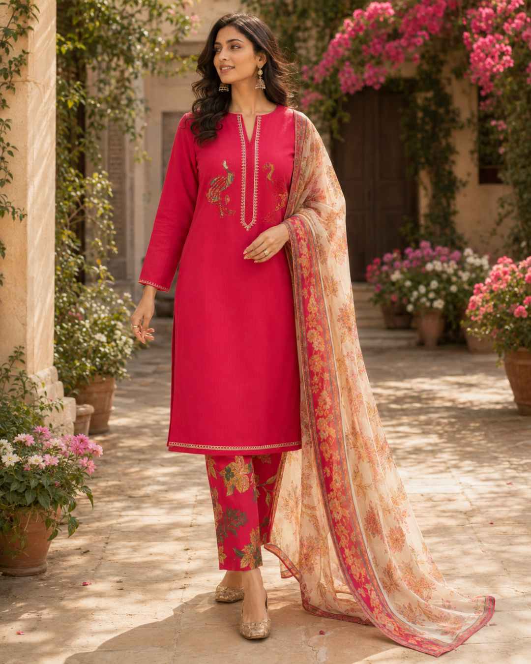 Peacock Floral Printed Suit - Unstitched