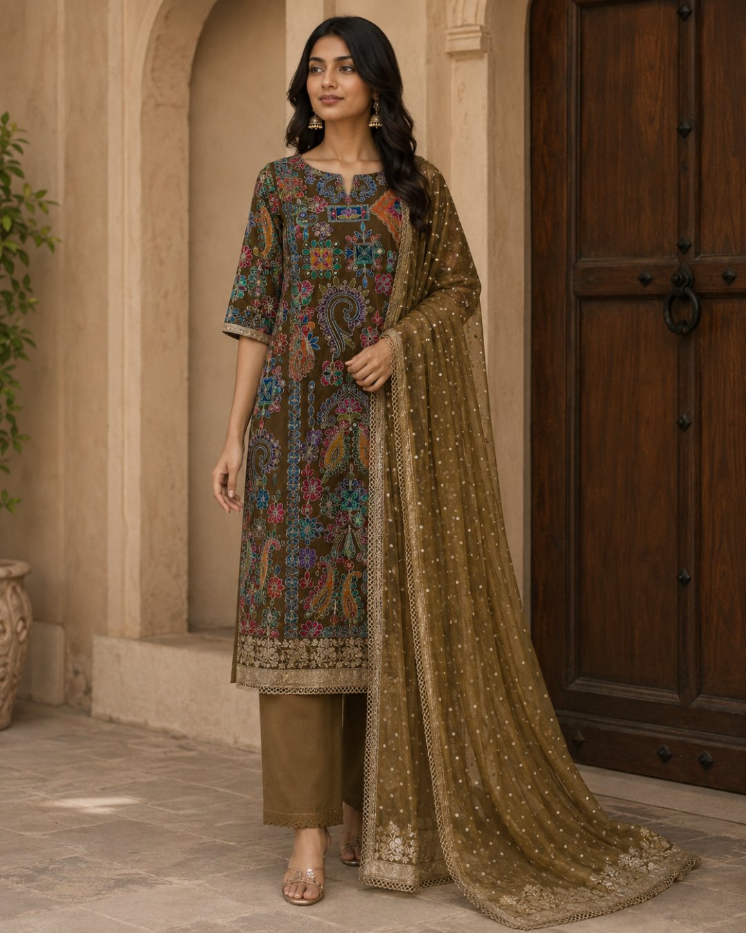 Olive Multicolour Gujarati Embroidered Suit - Unstitched