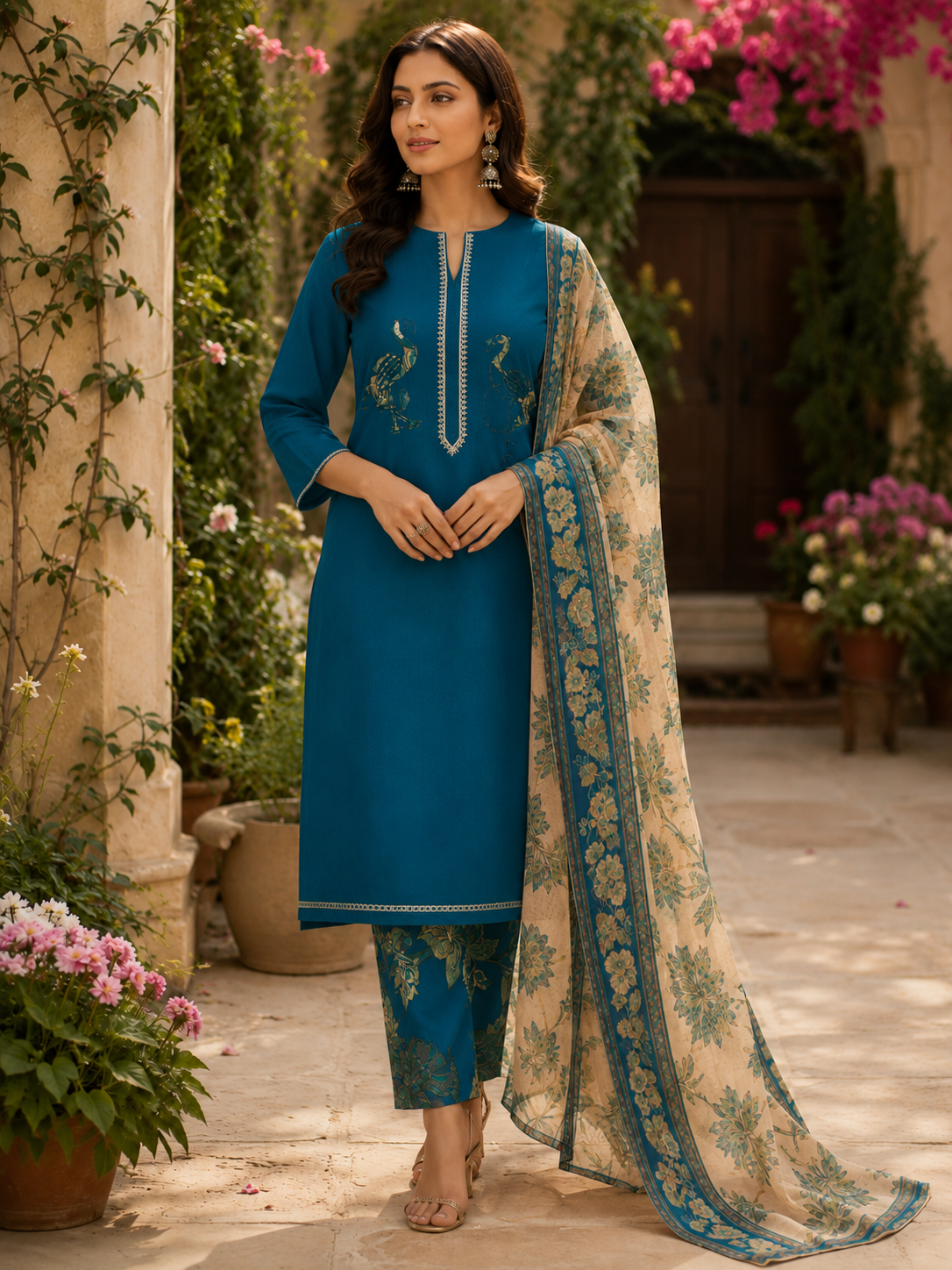 Peacock Floral Printed Suit - Unstitched