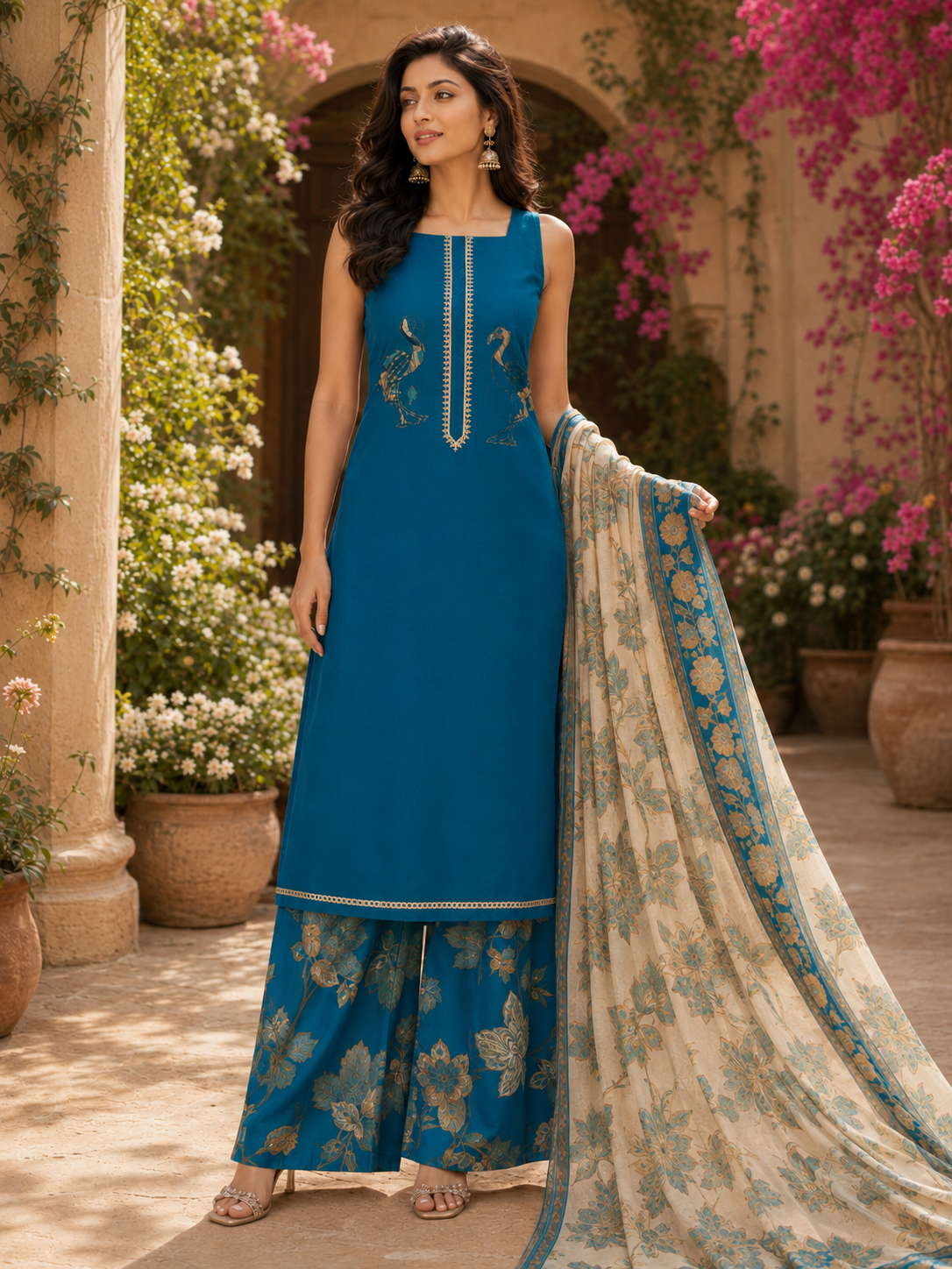 Peacock Floral Printed Suit - Unstitched