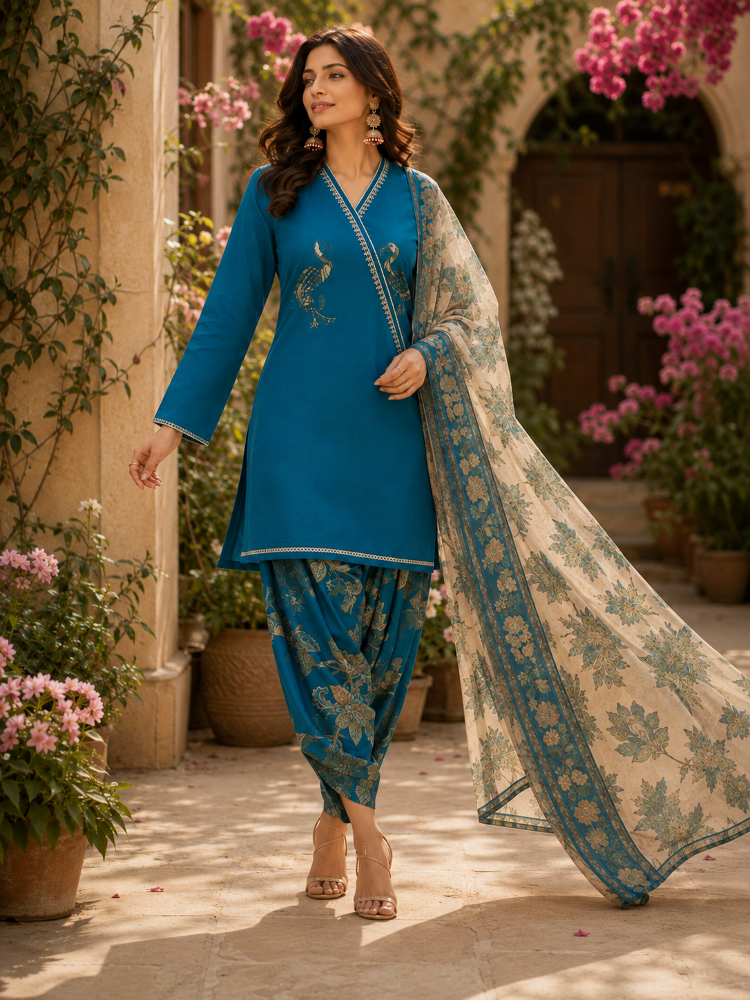 Peacock Floral Printed Suit - Unstitched
