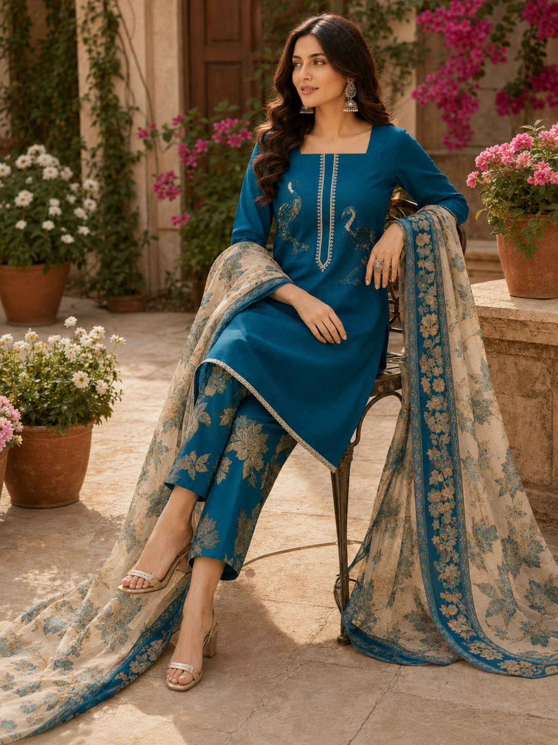 Peacock Floral Printed Suit - Unstitched